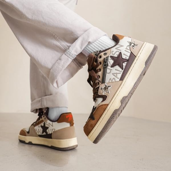 Retro Cool Star Chunky Sneakers Women Men Trendy Aesthetic Street Skateboard Walking Shoes Brown Zipper3