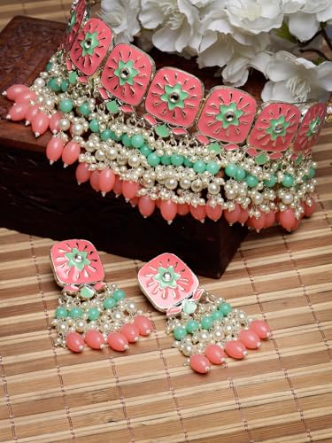 Enamel Multicolor Choker Necklace Set with Earrings