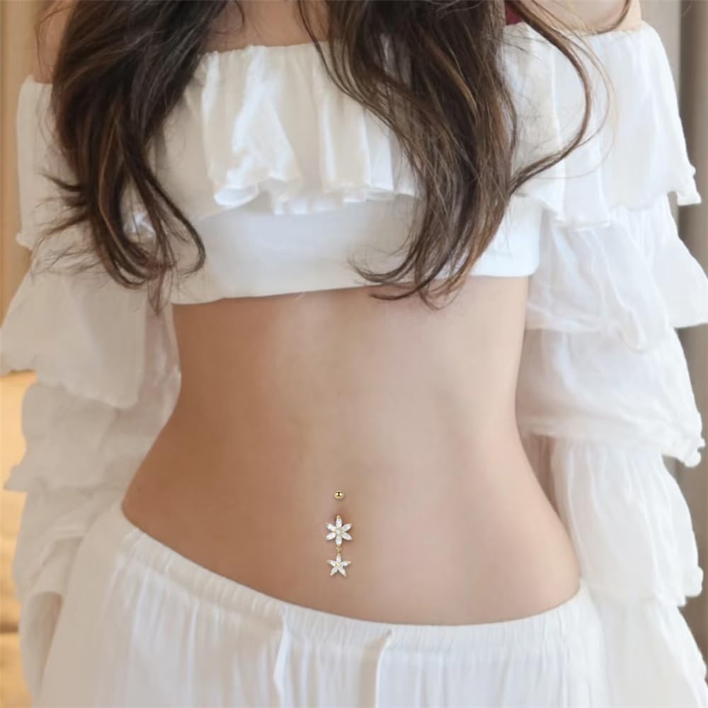 Hypoallergenic Surgical Steel CZ Flower Dangle Belly Button Rings 14G Belly Piercing Jewelry for Women Dainty Cubic Zirconia Flower Navel Rings 3/8 Inch Navel Piercing Barbell - Image 2