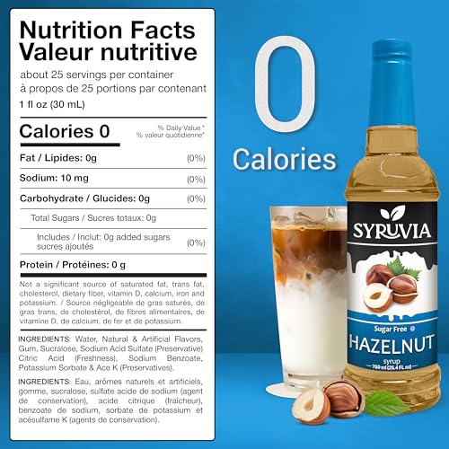 Image of Syruvia Sugar Free Coffee Syrup, Hazelnut Flavored Syrup for Drinks, Lattes, and Desserts - 25.4 fl oz