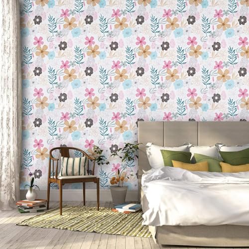 Image of ELTON Waterproof Peel and Stick Floral Wallpaper, Self-Adhesive Vinyl Wall Covering for Bedroom, Living Room Bathroom Cabinet, Countertop (45 x 300 cms, Floral)