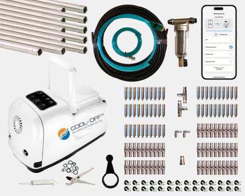 Cool-Off 100’ High-Pressure Mist Cooling System Kit with Premium Edition Remote Pump W/App Control for Outdoor Usage, 0.8 GPM, 50 Nozzles - 1/4' (100 ft)