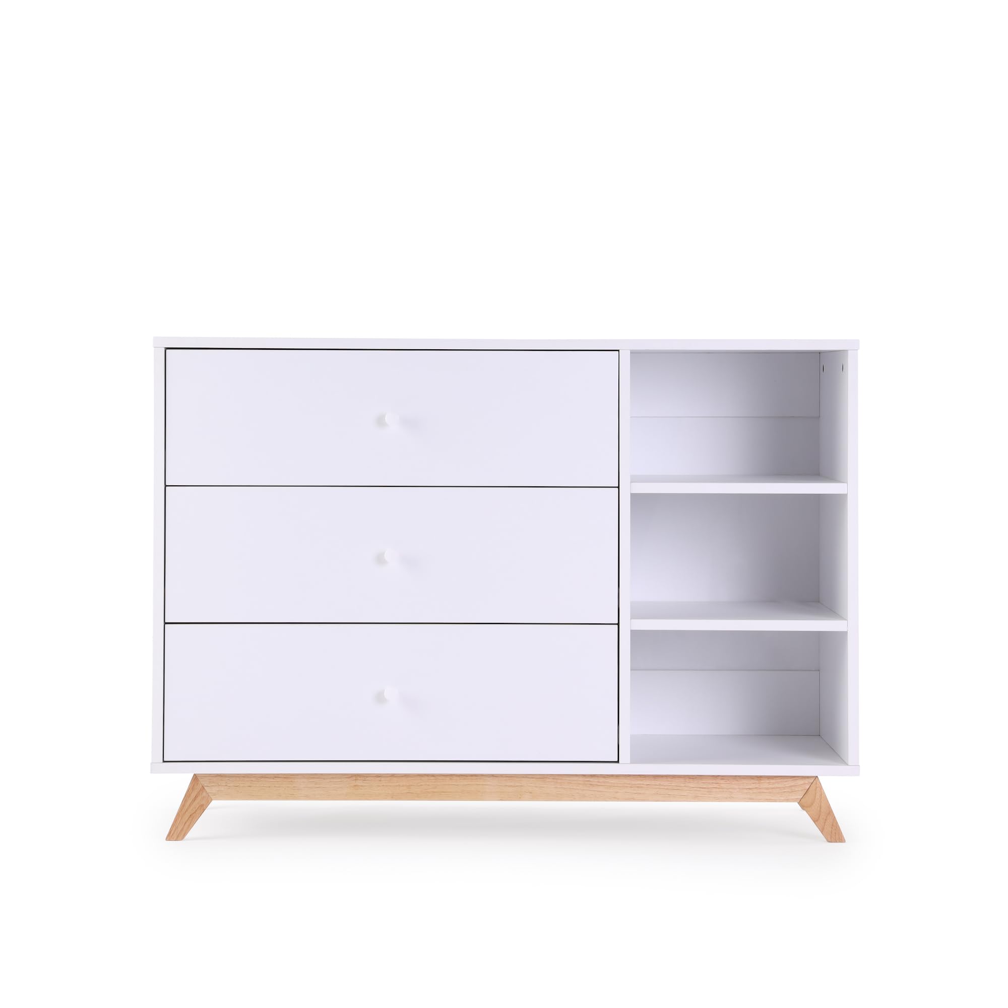 dadada Central Park 3-Drawer Dresser with Open Shelving - Modern Design, Baby-Safe Finish, Forged Steel Support, Sturdy Wood Legs, for Nursery, Kids or Teen Room, 47” Wide (White+Natural)