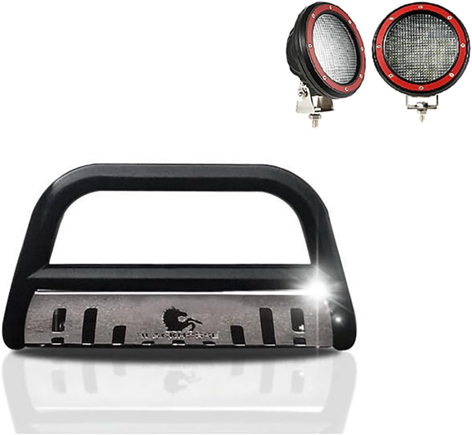 Black Horse Bull Bar Incl. Pair of 5.3" Dia.LED Lights w/Red Trim Rings Skid Plate Black Compatible with 98-04 Blazer|98-04 S10|98-02 S15 Jimmy|98-04 Sonoma|98-00 Hombre|98-01 Bravada