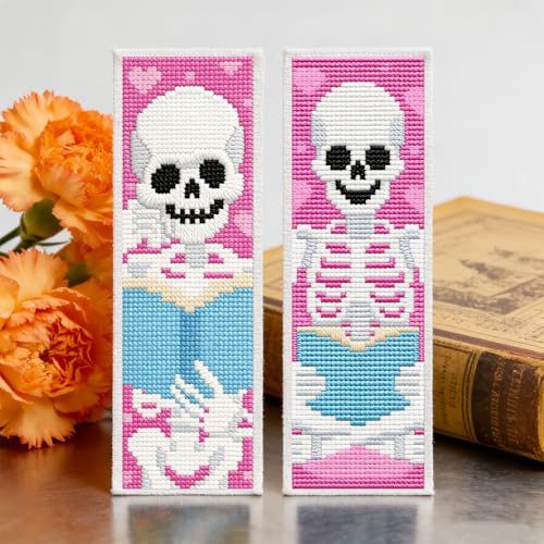 Image of ACRNIGHEET 6PCS Cross Stitch Kits Stamped Cross Stitch Bookmark Kit for Beginner Adults Skull Reading Embroidery Bookmark Kit Needlepoint Kits with Instructions Book Lovers Craft Gift 8.5''x3'' 11CT