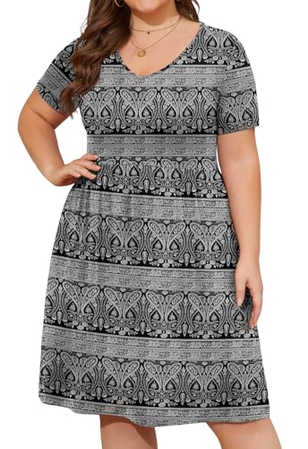 Image of DB MOON Women Plus Size Dresses 2026 Summer Casual V Neck Short Sleeve Knee Length Dress with Pockets