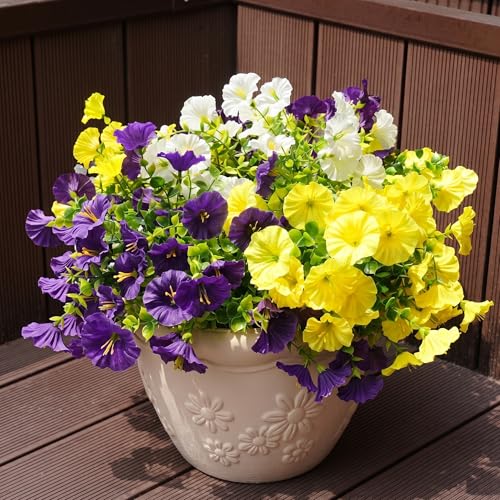 Image of Artificial Flowers for Outdoors, UV Resistant Fake Silk Morning Glory, Realistic Faux Plants for Outside Porch Patio Window Box Hanging Planter (12, Purple White Yellow)