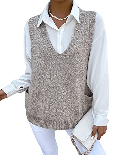 Romwe Women's Oversized Sweater Vest V Neck Dual Pocket Side Sleeveless Marled Knit Sweater Vest Pullovers Khaki S #TOP4