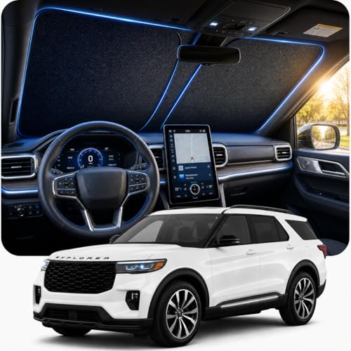 [2026 Upgraded] DooGooCoo Windshield Sun Shade for Ford Explorer 2020-2025 2026 [Cooling Ice-Crystal 100% Sun Block ] Windshield Sun Shade for Ford Explorer Sun Shade Custom Fit for Explorer.