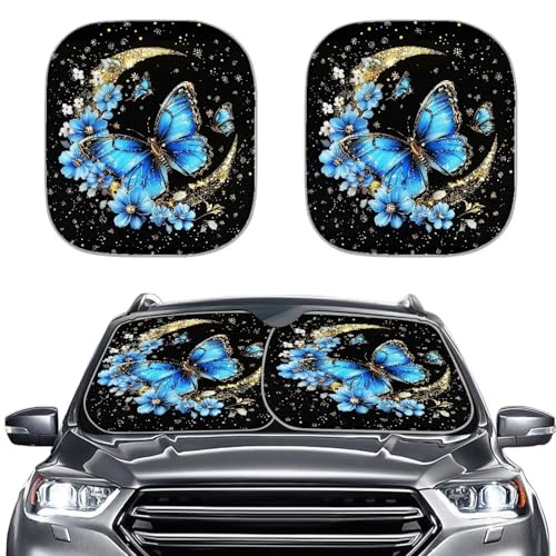 Image of Blue Butterfly Car Sun Shade for Windshield Foldable Sunshade Front Window Cover Sun Visor Heat and UV Rays That Keeps Vehicle Cool Universal Vehicle Accessories 28.5 x 25.5 inches
