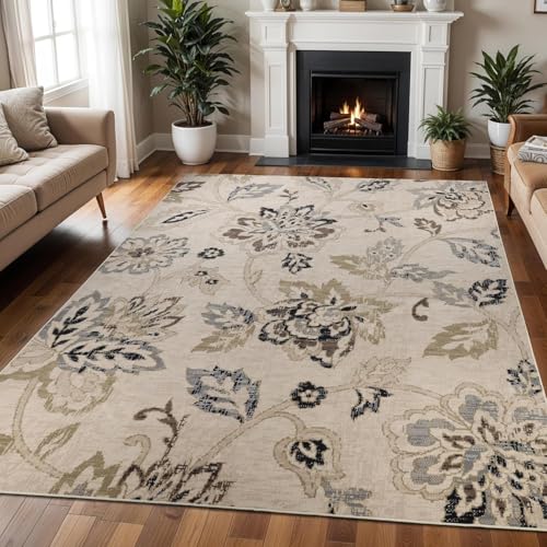 Image of Superior Indoor Large Area Rug, Modern Floral Decor, 10'x14', Beige Brown