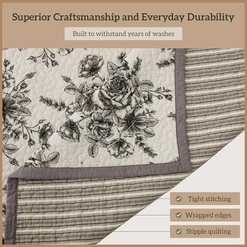 Image of Paseo Road Lyla 3 Piece King Taupe White Black Floral Cotton Quilt Set