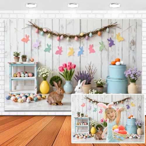 Toile de fond Pâques 3x2,4m en vinyle avec décor œufs et lapin Leowefowa