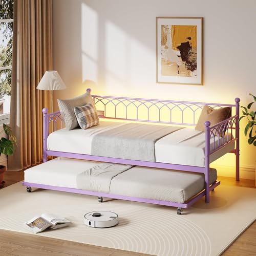 IDEALHOUSE Twin Size Daybed with Trundle, Sofa Bed Frame with Charging Station and LED Lights, Heavy Duty Metal Bed Frame, for Small Spaces, Living Room, Bedroom, Apartment, Purple