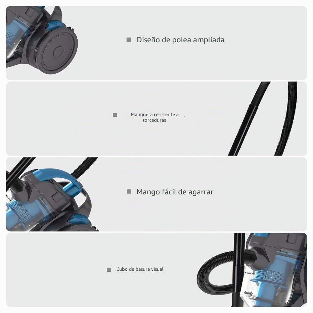 Aspirador de trineo sin bolsa, 2000 W, aspiradora sin bolsa con cable, capacidad de 1,8 litros, filtración HEPA, radio de acción de 5 m, para alfombras, suelos duros, pelo de animales y polvo