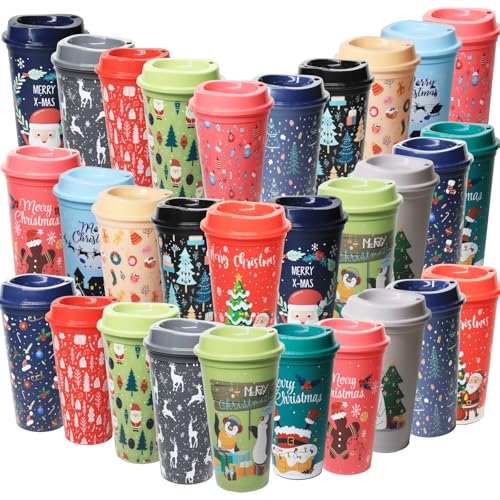 30 Pack Christmas Coffee Cups with Lids 16oz, Reusable Holiday