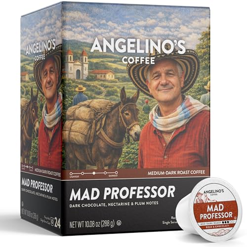Image of Angelino's Coffee Mad Professor Coffee Pods, 24 Count - Medium-Dark Roast Colombian Reserve, K Cup Compatible for Keurig - Dark Chocolate, Nectarine, Plum & Blueberry Notes