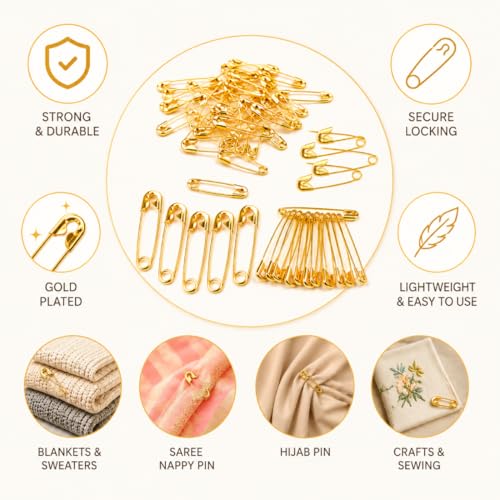 Image of Small Gold and Silver Plated Safety Pins for Saree Nappy, Lock pin for Blanket Sweater Perfect for Clothes Craft Sewing Pinning Hijab pin for Women and Girls (Mix, 24)