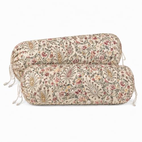 Image of Clasiko Cotton Bolster Covers Set of 2, Petal Beige, Standard Size (32x16 Inch)