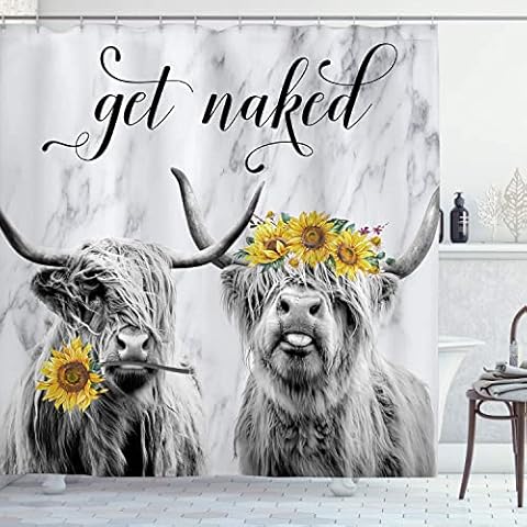 Funny Cow Shower Curtain Fun Western Get Naked Cattle Bull Shower Curtains Liner Set, Farm Animal Shower Curtain Gray Yellow Bathroom Curtain with Hooks 72x72inch Cover
