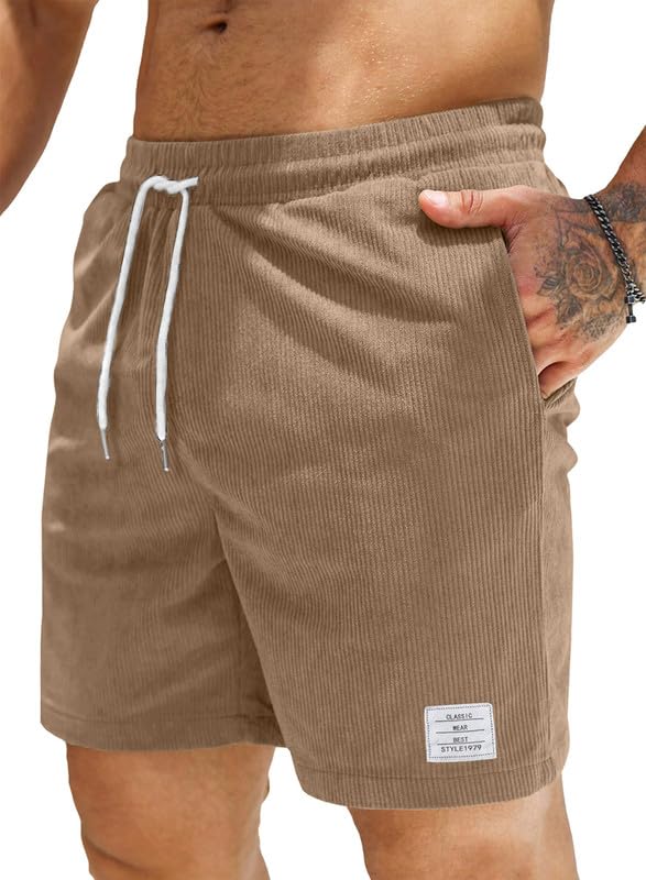 JMIERR Corduroy Shorts Herren Sommer Freizeit Leinen Stretch Baumwolle Elastische Taille mit Taschen