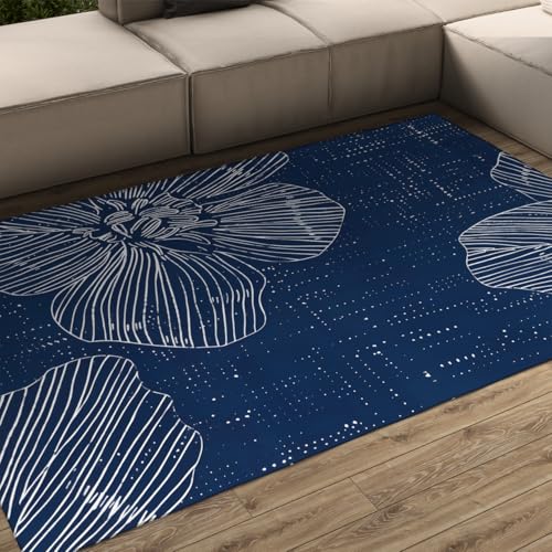 OLLIAR Home Alfombras abstractas Modernas para Sala Estar Alfombra Dormitorio Lavable Azul Líneas Minimalistas Antideslizantes Alfombra Flores para Sala Juegos guardería 180x300cm