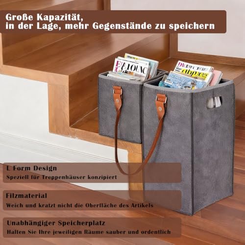 Treppenkorb Stufenkorb Filz L-Form Treppentasche mit Griffe Große Faltbar Abnehmbar Treppen Korb Organizer Aufbewahrungskorb für Wäsche Spielzeug Haushaltsgegenstände (Tiefgrau)