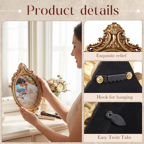 Image of Wonderjune 7x9 Inch Vintage Oval Gold Picture Frame, Carved Resin Antique Ornate Frame for Tabletop or Wall Hanging Display, Victorian Baroque Home Decor