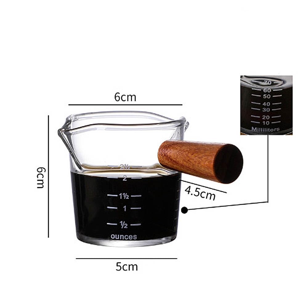 Espresso Glass Pomiar Cup,Espresso Shot Glass,Podwójna wylewka Akcesoria do espresso z drewnianym uchwytem Jako dozownik do kawy Mleko lub Sos
