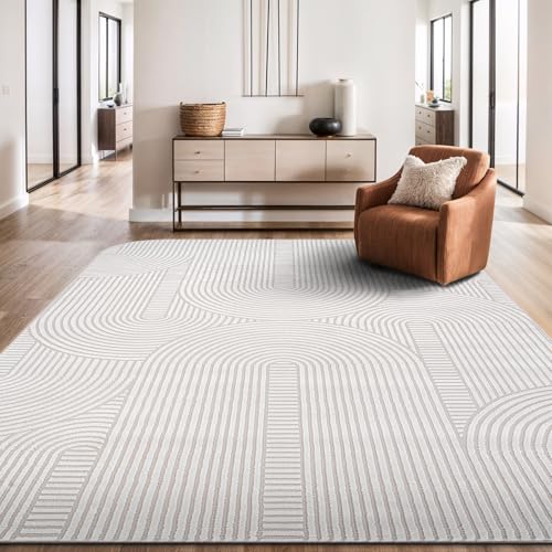 Tapete decorativo rectangular 5x7 beige y blanco miniatura 4
