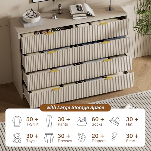 Image of Furniway Beige Dresser Bedroom Set 3 Pieces, Nightstands Sets of 2, 8 Drawer Dresser with Gold Handles for Bedroom
