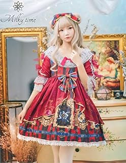 [milky time] 貴族お嬢様風 ゴスロリ ワンピース レディース フリル レース フリル チュール Aライン 中世ヨーロッパ トランプ模様 (レッド, M)