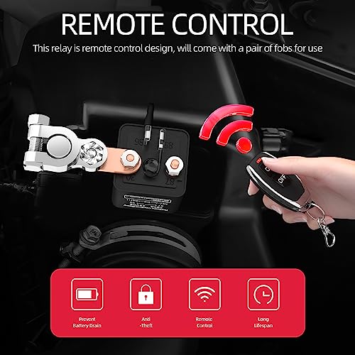 Joinfworld Remote Battery Disconnect Switch 12V 200A Car Kill Switch Anti-Theft Remote Control Switch with Two Remote Control Relay Fobs for Auto Truck Boat
