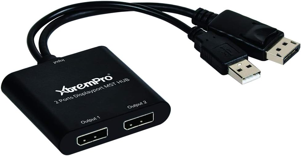 XtremPro 2 Ports DisplayPort MST Hub Splitter Support HDCP, SST, and Extended MST, 3840x2160P@30Hz - Black (61072)