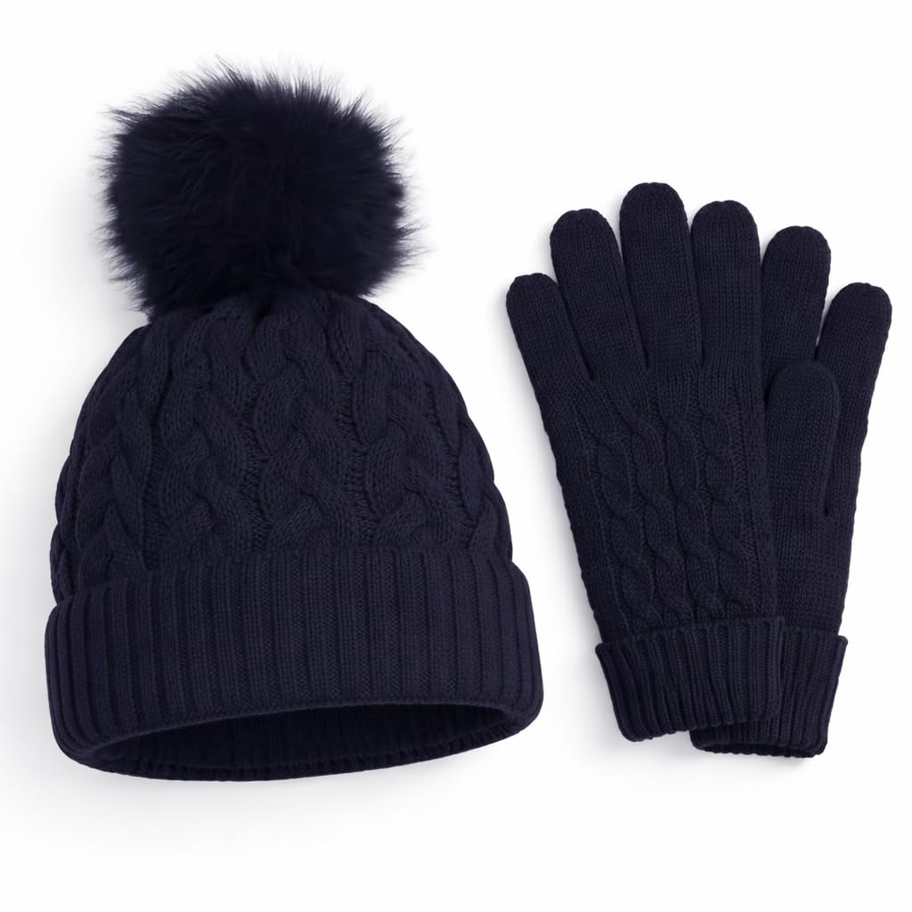 Hifen Women's Navy Hifen® Winter Beanie Hat Gloves Set For Thermal Warm Knitted Cap And Touchscreen Gloves Cold Weather Set For Indoor Outdoor Activities