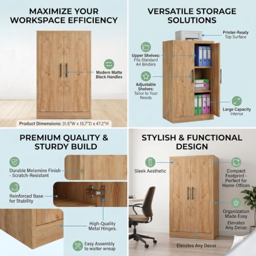 Image of FFO Storix Wooden 2 Door File Storage Cabinet for Office & Home | Multi-Purpose Cupboard with Shelves for Files, Books, Printer & Documents | Wooden Almirah Organizer with Handles | Oak Finish DIY.