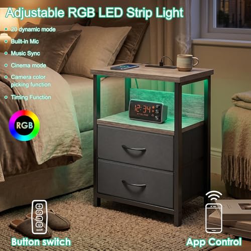 Image of Fixwal Night Stand with Charging Station, LED Nightstand with U-S-B Ports and Outlets, 2 Fabric Storage Drawers with PU Finish, Bed Side Table, French Oak