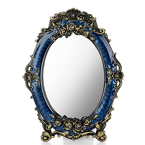 JUXYES Espejo de mesa pequeño de metal vintage con soporte, espejo de escritorio con rosas antiguas en relieve, espejo de maquillaje retro ovalado cosmético decorativo para centros de mesa