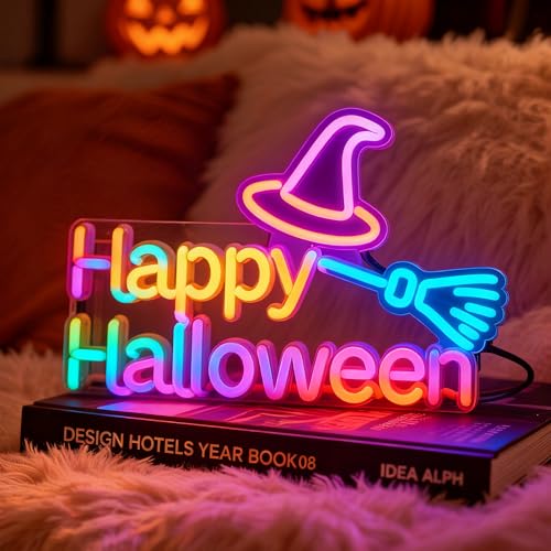 Image of Custom Halloween Neon Sign Pumpkin Led Sign for Wall Decor Witch Hat Light Up Sign Halloween Decorations for Halloween Party Window Porch