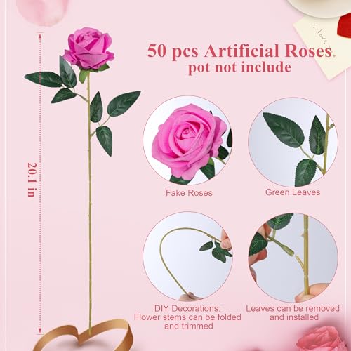 Image of HyeFlora 50 PCS Roses Artificial Flowers, Fake Roses with Stem Realistic Hot Pink Silk Rose for DIY Wedding Bouquets Table Centerpieces Arrangements Baby Shower Birthday Home Decor for Her