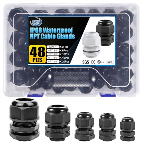 XHF IP68 Nylon Waterproof NPT Cable Glands Assortment 48pcs 1/4 3/8 1/2 3/4 1 UL Listed and RoHS Cord Grip Compliant Cable Strain Relief Black