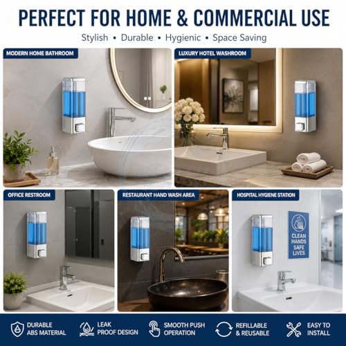 Image of BATH GURU Wall Mounted Soap Dispenser 350ml (Pack of 4) | Manual Liquid Soap, Sanitizer & Hand Wash Dispenser | ABS Plastic Shampoo Conditioner Dishwash Dispenser for Bathroom, Kitchen | Chrome Finish