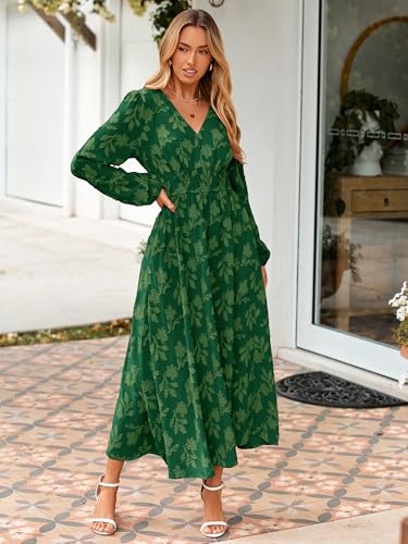 Image of Simplee Womens Boho Floral Long Sleeve Maxi Dress V Neck Empire Waist Fall Wedding Guest Dresses with Pockets