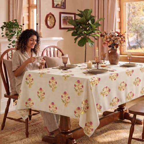 Image of Urban Space 100% Cotton Dining Table Cover for 6 Seater, Gold Foil Printed Cotton Table Cloth for Center Table, Dining Room Table Cover (Size 48 inch x 92 inch - 6 Seater, Zari Mohar Dusty Pink Gold)