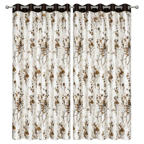 Image of 6 Feet Polyester Floral Light Filtering Window Curtains for Bedroom, Living Room & Hall, Eyelet Top, Coffee Print Curtain Set of 2