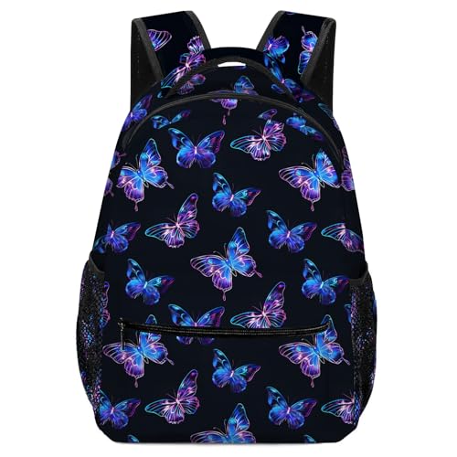 Butterfly Backpack for Girls Women, Blue and Purple Butterfly on Black Bookbag for Kindergarten Elementary Middle School, Lightweight Travel Casual Backpacks Daypack with Multiple Pockets