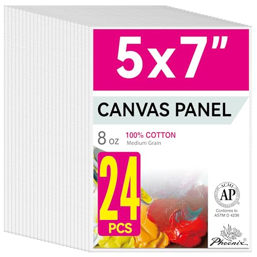PHOENIX Small Painting Canvas Panels 5x7 Inch 24 Bulk Pack - 8 Oz Triple Primed 100% Cotton Acid Free Canvas Boards for Painting White Blank Flat Canvas Boards for Acrylic Oil Paints