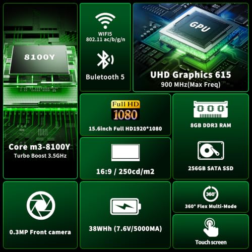 Image of 15.6 Inch 2-in-1 Touchscreen Laptop Computer, 8GB RAM 256GB SSD Core m3-8100Y Lap top, 360 Convertible Notebook Laptops with Win 11 /Office, FHD Display, 360 Rotating Touch Screen, WiFi5 / BT5,HDMI