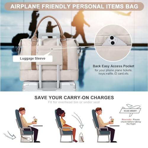 BJLFS Weekender Bag for Women Travel Duffel Bag with Shoes Compartment Lightweight Carry on Luggage Bag for Airplanes Overnight Duffle Bag Waterproof Beach Bag Sports Gym Tote Beig image 4