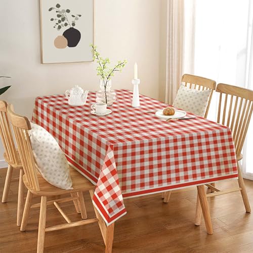 Image of Classic Dusty Red and White Checkered 4 /6 Seater Table Cloth /Cover, 52 x 72 Inch, Buffalo Plaid Pattern, Rectangle Dining Table Cover